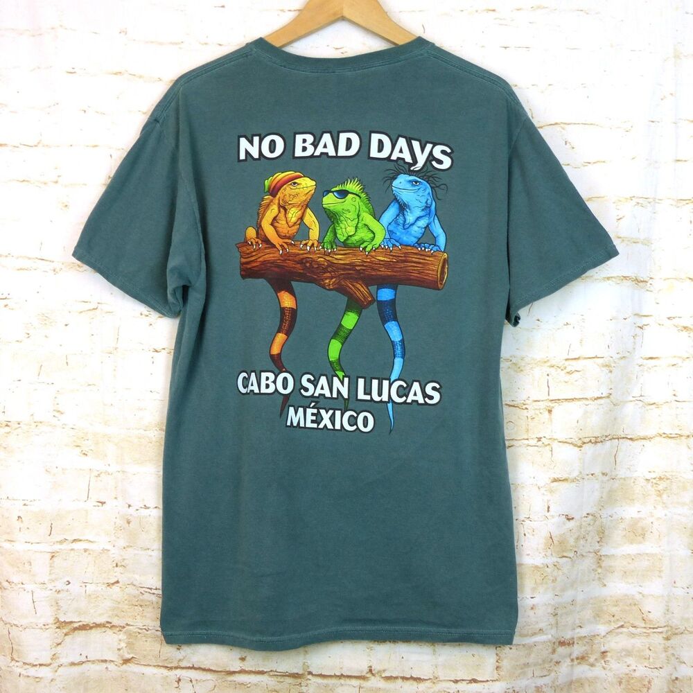 Cabo San Lucas Mexico T Shirt Mens L Green No Bad Days Lizard Graphic Jerzees
